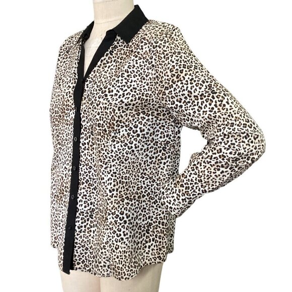 Chico's 1 (M/8) No-Iron Button-Up Contrast Black Trim Leopard Print Shirt 168D - Picture 4 of 7